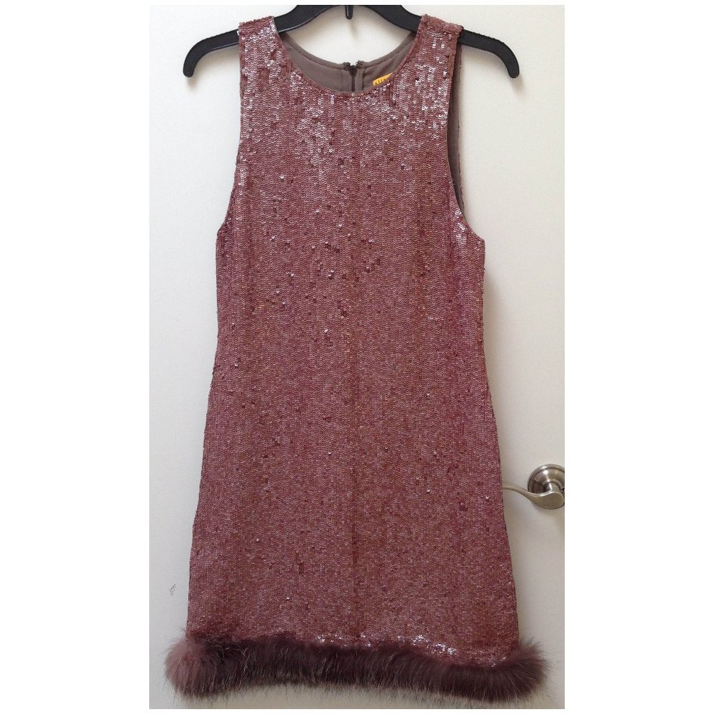 Alice and Olivia bronze mocha sequined fur hem sleeveless cocktail dress US 4
